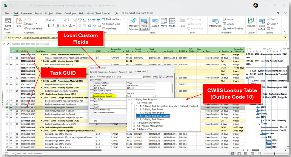 Project Desktop task detail view showing Task 27 with its GUID and Outline Code 10 custom field value