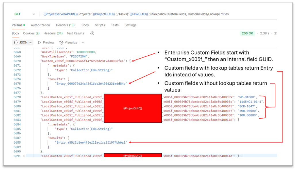 JSON result set comparing a plain value field with a lookup table field that returns an EntryID instead of a readable value