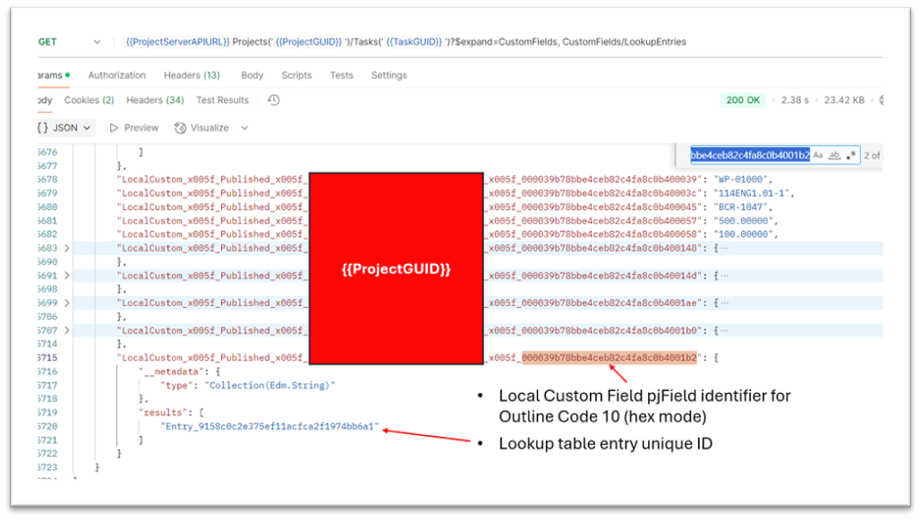 JSON result showing the CWBS field entry with its EntryID value instead of a human-readable lookup table text